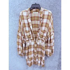 Free People Women Dress XS Brown Plaid Balloon Sleeve Mini Shirt Dress thumbnail 6