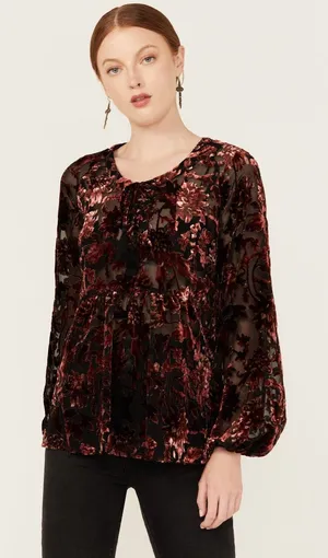 Shyanne Women Velvet Burnout Blouse Top XL Burgundy Floral Paisley Lace Up Sheer thumbnail 1
