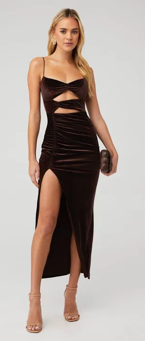 Nookie‎ Verve Maxi Velvet Dress Truffle Brown Cutout Size M thumbnail 1