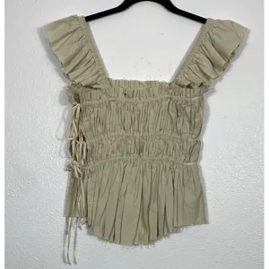 Free People Beige Ruffle Sleeve Drawstring Cropped Blouse Cotton Size S thumbnail 4