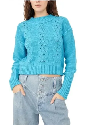 Free People Blue Cable Knit Cropped Sweater Size S‎ thumbnail 1