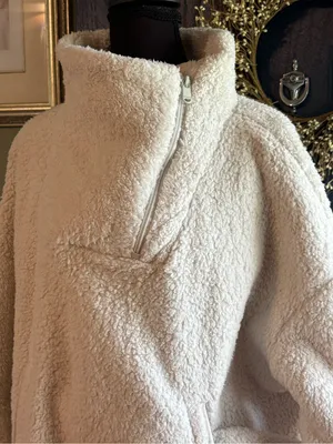 Athleta Cream Sherpa Pullover Satin Trim Jacket With Zipper Pockets size XL thumbnail 2