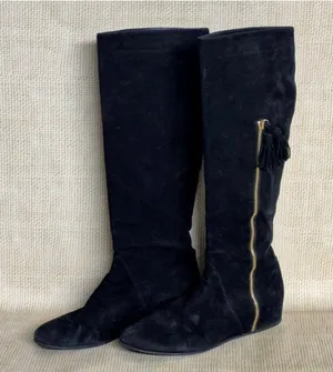 Stuart Weitzman Black Suede Leather Hidden Wedge Tall Tassel Boots Size 9 EUC thumbnail 1