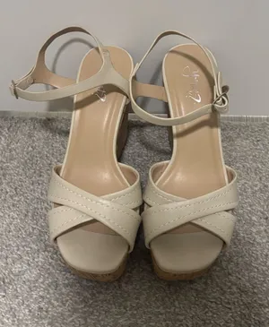 Y-Not Neutral Cream Cross-Strap Wedge with Ankle Buckle - Size: 6 thumbnail 1
