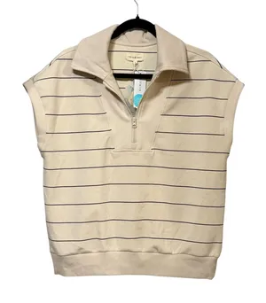 Thread & Supply Paris Stripe Quarter Zip Sleeveless Sweatshirt Cream Navy L thumbnail 1