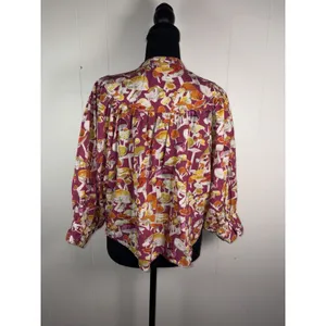 Anthropologie Maeve Femme Collarless Pink Orange Mushrooms Cotton Top M Boho thumbnail 4