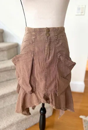 Oli + Hali Brown Cargo Asymmetric Ruffle Hem Knee Length Skirt Boho Western thumbnail 1