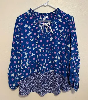 Elle Blue Floral Boho Blouse XL Tie Neck Long Sleeve thumbnail 1
