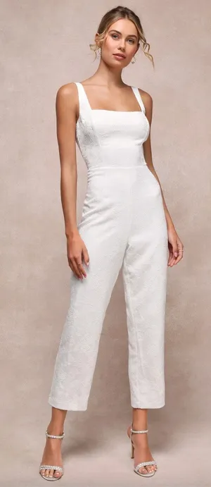 NEW Lulus Exceptional Vision White Jacquard Removable Bow Jumpsuit Bridal XL thumbnail 1