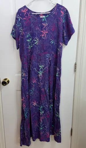 Global Village purple floral short sleeve scoop neck pocket maxi summer dress‎ thumbnail 1
