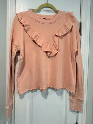 NWOT Free People Size XS Pink Ooh La Ruffle Yoke Long Sleeve Raw Hem Sweatshirt thumbnail 1