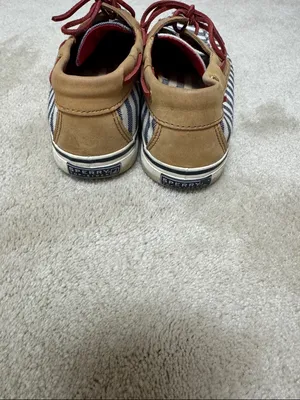 Sperry Navy & White Striped Canvas Boat Shoes with Tan Trim and Red Laces thumbnail 3