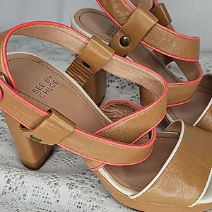 See by Chloe tan pink strappy snap ankle strap open toe block heels sz 6 thumbnail 3