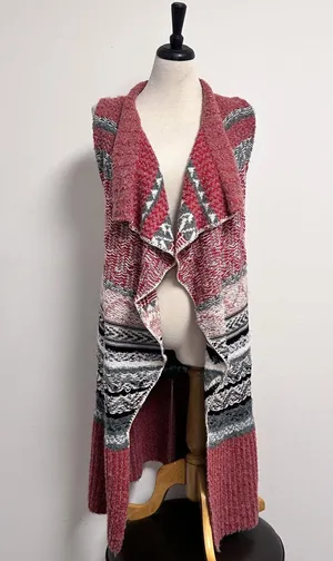 Anthropologie Sleeping On Snow Red Ivory Quillins Jacquard Open Vest Duster M/LP thumbnail 1