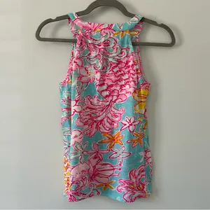 Lilly Pulitzer Arya Pink Blue Tank Lolita Print Sleeveless Cotton Tank Top XS thumbnail 2