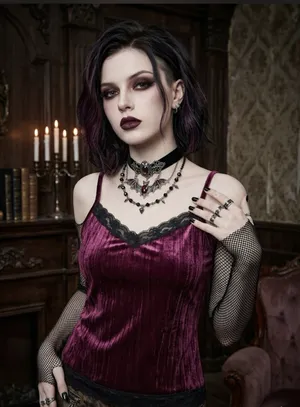 90s Y2k Womens Burgundy Velvet Lace Babydoll Vampy Whimsigoth Cami Tank Top Sz M thumbnail 1