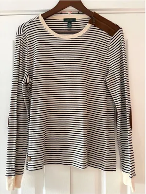 Lauren Ralph Lauren Striped Long Sleeve Top XL Brown‎ Cream Elbow Patch Zipper thumbnail 1