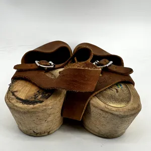 Lotta Highwood Clogs Leather Ankle Strap Heel Closed Toe Wood Cognac Brown 9 thumbnail 5