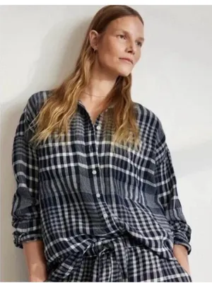 Everlane Oversized Flannel Shirt Dress Plaid Long Sleeve Relaxed linen large thumbnail 1