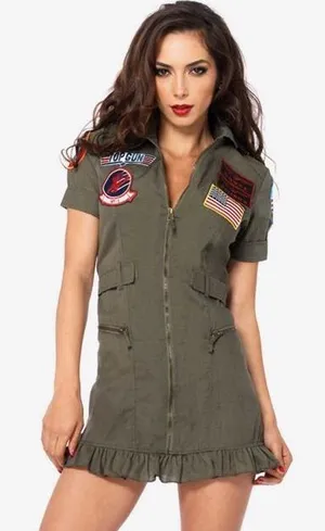 Leg Avenue Top Gun Halloween Olive Green Utility Patch Zip-Front Dress 3X 4X thumbnail 1