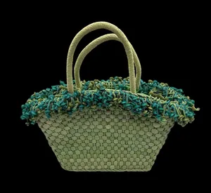 Woven straw tote bag with decorative trim and handles thumbnail 1