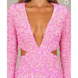 Petal & Pup Kelly Pink Sequin Velvet Mini Dress V Neck Cutout Long Sleeve Small thumbnail 2
