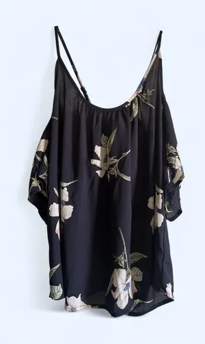 Lumière floral print on navy blouse with cold shoulder sleeves, size S thumbnail 1