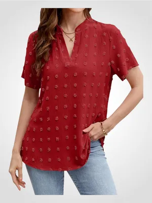 Merokeety Split-Neck Textured Short-Sleeve Blouse in Red XL thumbnail 1
