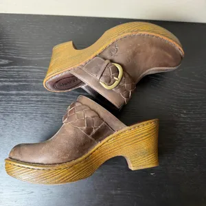 Born Brown Chunky Leather Braided Buckle Platform Clogs Mules Heels Womens 7 thumbnail 6