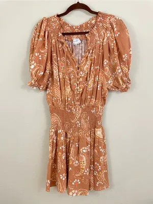 Sabo Skirt Iliana‎ Paisley Smocked Waist Puff Sleeve Mini Dress Size XS thumbnail 2