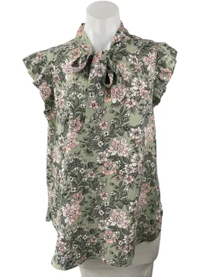 Ann Taylor LOFT Green Floral Ruffle Sleeve Tie Neck Bow Shirt Blouse Top Size M thumbnail 1