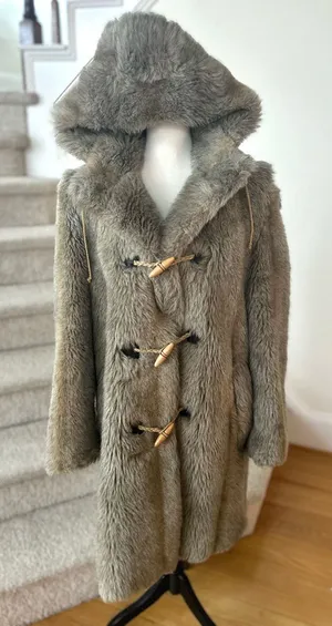 Vintage Faux Fur Taupe Brown Toggle Button Hooded Coat thumbnail 1