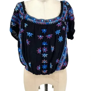 Free People Aurora Embroidered Blouson‎ Top In Black Size Small thumbnail 4