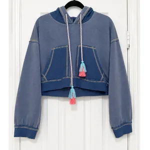 POL Cropped Oversized Hoodie Blue Mineral Wash Tassel Drawstring Sweatshirt S thumbnail 2
