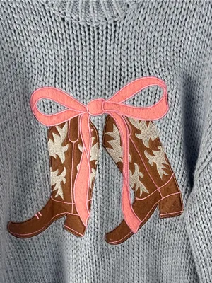BAEVELY Blue Chunky Knit Cowgirl Boots Graphic Drop Shoulder Sweater Size Medium thumbnail 8