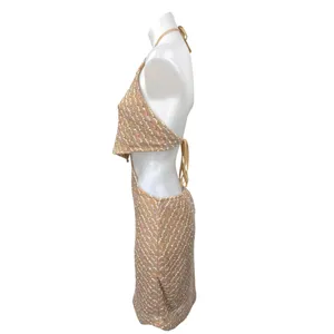 NEW Molly Green Brown Sleeveless Knitted Halter Tie Cutout Mini Pencil Dress L thumbnail 3