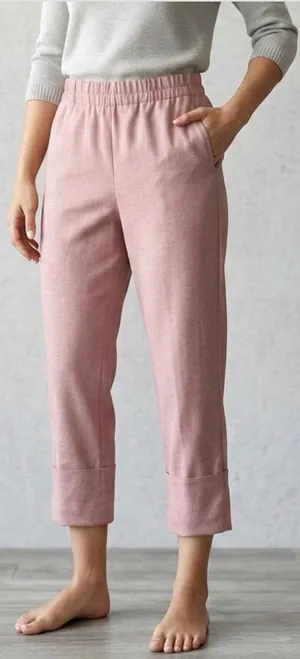 Zara Cotton Blend Cropped Pants Size M Cuffed Wide Hem Ankle Dusty Pink Coastal‎ thumbnail 1