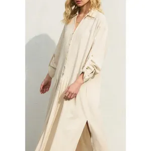 $139 Dress Forum Cotton Linen Pleated Longline Shirt Dress in oatmeal, NWT L thumbnail 6