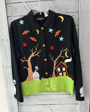 Vintage 90s Onque Casuals Halloween Cardigan Jacket NWT Cat Haunted House thumbnail 1