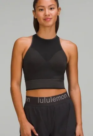 lululemon Black High-Neck Sport Bra Seamless Mesh Supportive Training Tank Top thumbnail 1