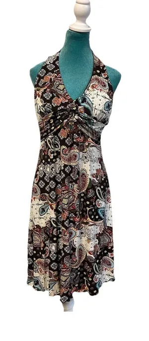 Trixxi Paisley Beaded Halter Neck Dress Y2K Euro Boho Western Women's Large thumbnail 1