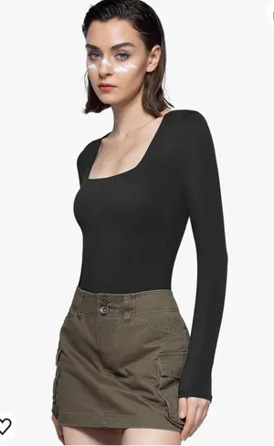 PUMIEY Women's Square Neck Long Sleeve Bodysuit Sexy Body Suit Tops Smoke Cloud Pro thumbnail 2