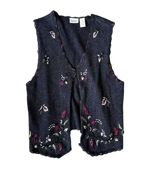 Vintage 90s Classic Elements Floral Embroidered Button Up Vest Medium Charcoal thumbnail 1