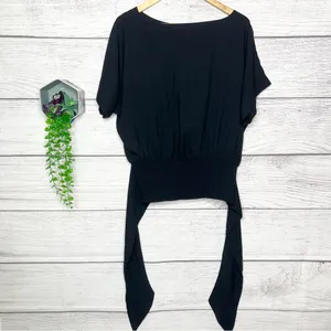 Ann Taylor Black Boatneck Dolman Sleeve Smocked Waist Tie Back Top Size Large thumbnail 7