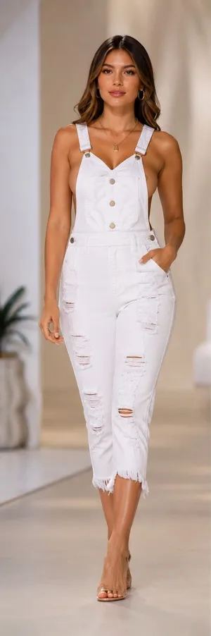 American Bazi White Distressed Denim Overalls - Size S (Fringe Hem) thumbnail 1