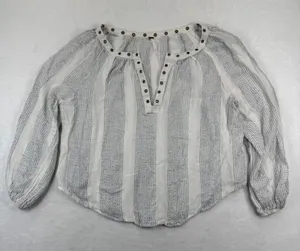 Free People White Grey Metallic‎ Striped Grommet Split Neck Blouse Top Womens M thumbnail 1