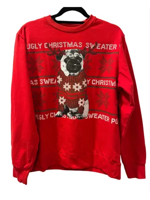 Mad Engine Men Medium Pug Ugly Christmas Sweater Crewneck Sweatshirt Red Dog Med thumbnail 1