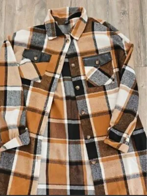 SHEIN Brown White Black Plaid Button-Down Shirt Jacket thumbnail 1