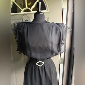 Vintage 60/70s black chiffon flutter sleeve belted dress, size medium large thumbnail 6
