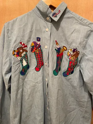 Vintage Christmas holiday stocking embroidered light wash denim shirt size small thumbnail 2
